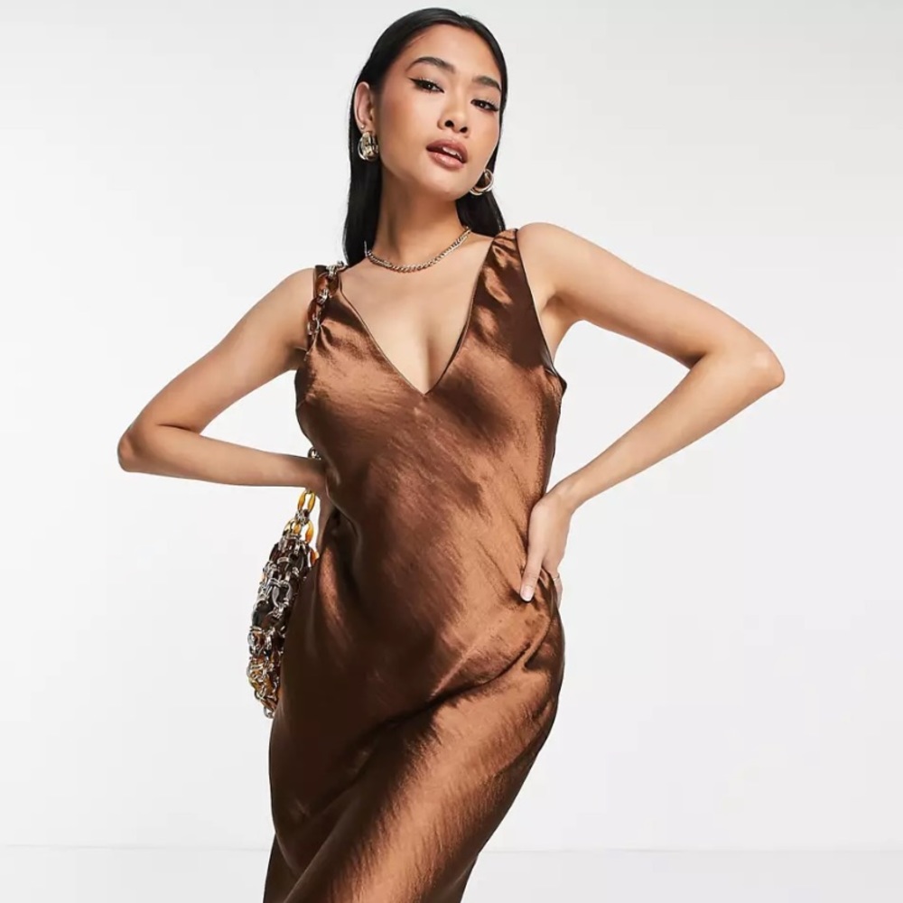 ASOS Satin V-Neck Midi Dress in Bronze